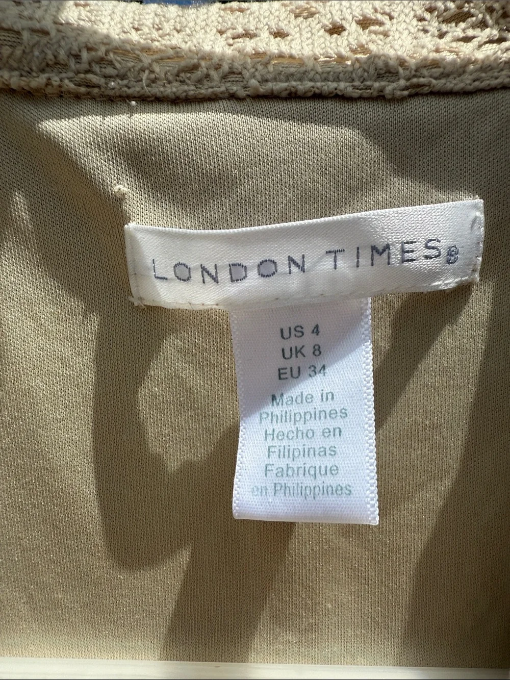 London Times Neutral Beige Sleeveless Midi Dress with Tie Waist